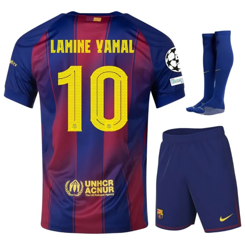 Ensemble de maillot enfant à domicile UCL du FC Barcelone YAMAL 2025/26 - Rouge/Bleu