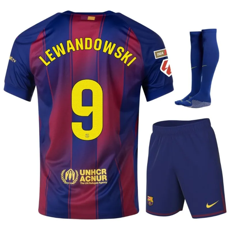 Ensemble de maillot enfant à domicile du FC Barcelone LEWANDOWSKI 2025/26 - Rouge/Bleu