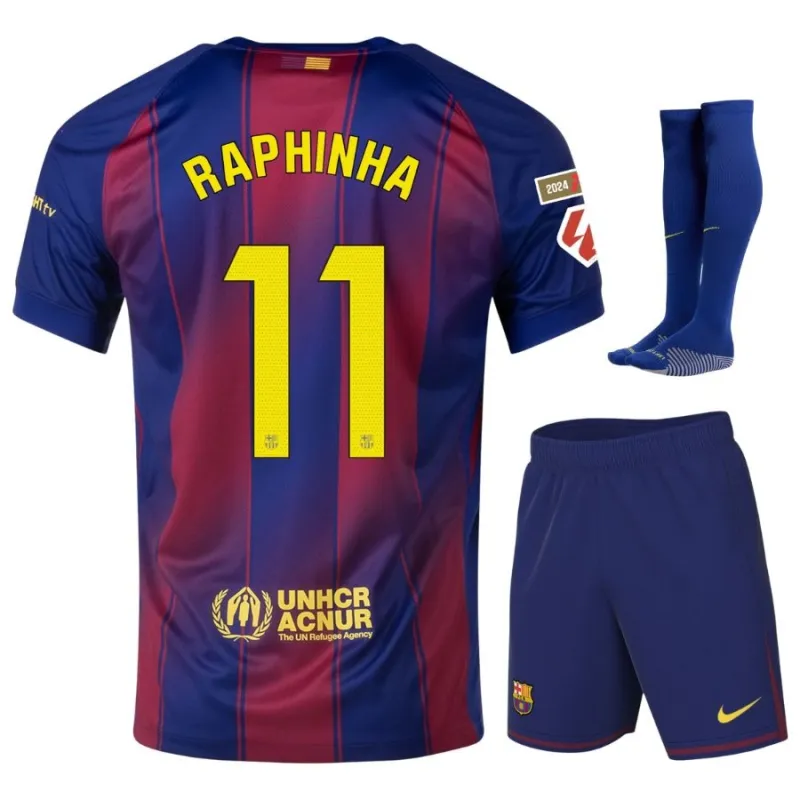 Ensemble de maillot enfant à domicile du FC Barcelone RAPHINHA 2025/26 - Rouge/Bleu