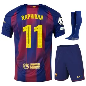 FC Barcelona RAPHINHA 2025/26 Heim-UCL-Kinder-Trikot-Set - Rot/Blau