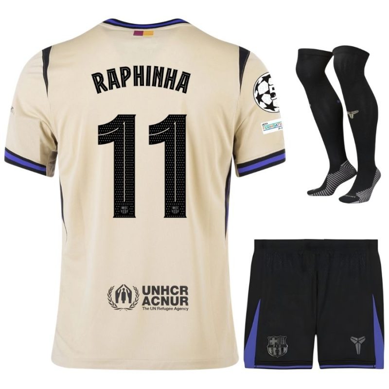 Barcelone RAPHINHA UCL 2025/26 Maillot Extérieur Enfant Ensemble - Beige