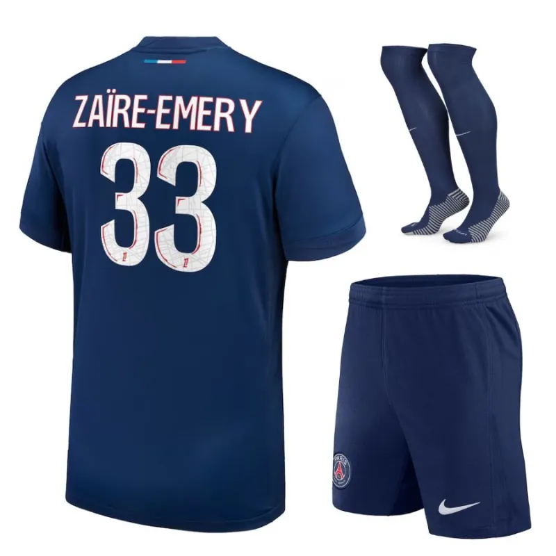 Set del kit de casa 2024/25 para niños de Paris Saint - Germain que viste Warren Zaire - Emery - Azul​