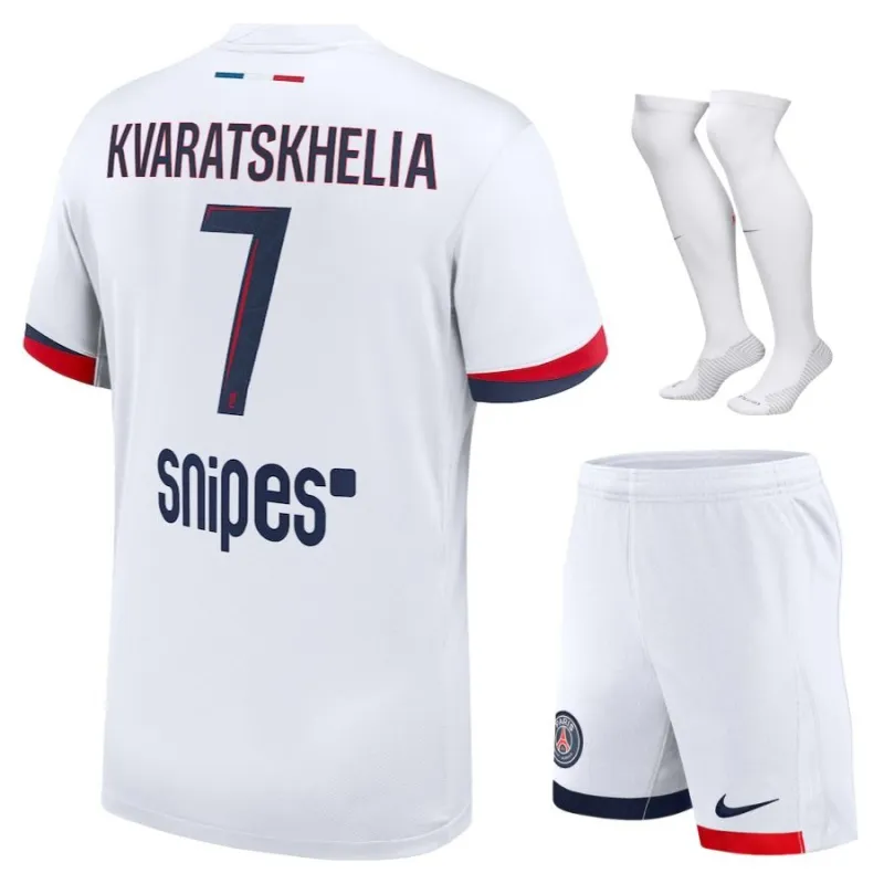 Set del kit de fuera de casa 2024/25 para niños de Paris Saint - Germain que viste Khvicha Kvaratskhelia - Blanco​