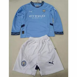Manchester City Kinder Langarm-Trikot und Shorts 2024/25 Heimspiel - Blau