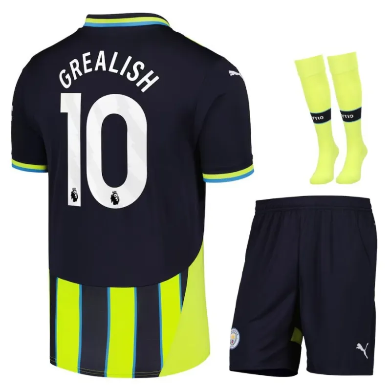 GREALISH Ensemble de maillot d'enfant d'équipe d'extérieur de Manchester City 2024/25 - Noir/Vert