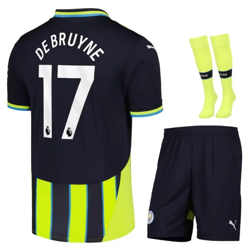 DEBRUYNE Ensemble de maillot d'enfant d'équipe d'extérieur de Manchester City 2024/25 - Noir/Vert