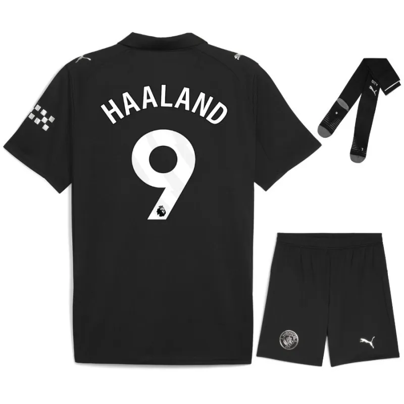 Manchester City HAALAND 2025/26 Auswärts-Kinder-Trikot-Set - Schwarz
