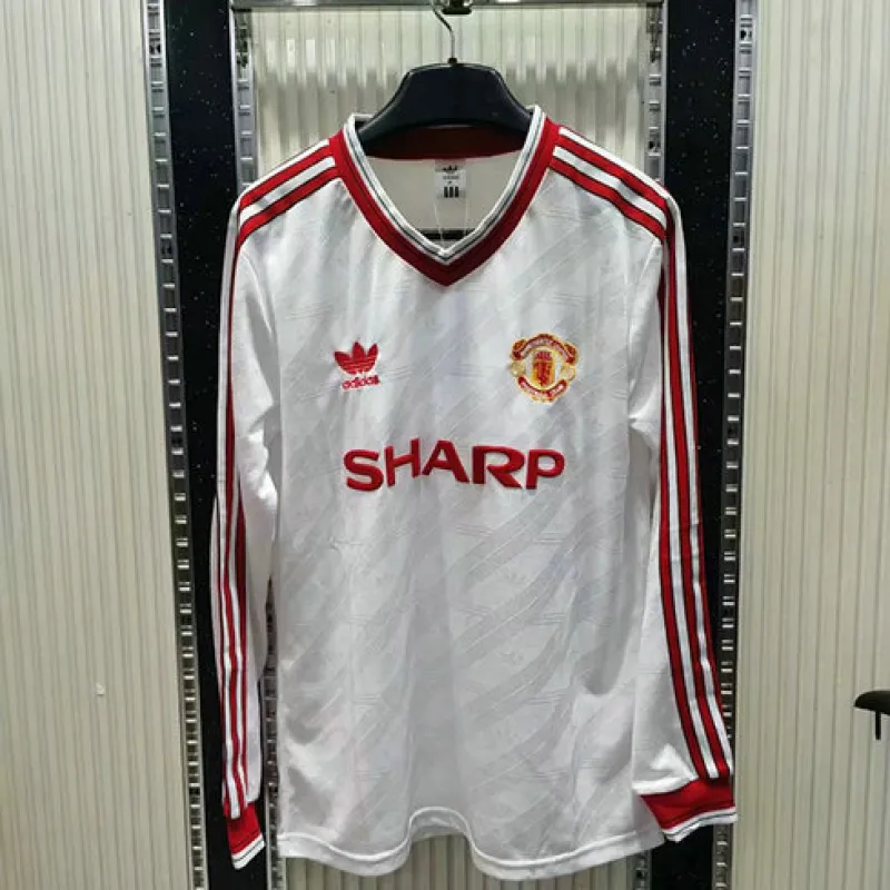 Maillot rétro à manches longues d'extérieur blanc de Manchester United en 1986