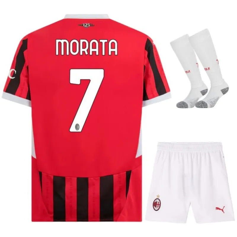 L'ensemble du maillot pour enfants du domicile de l'AC Milan 2024/25 de Morata - Blanc