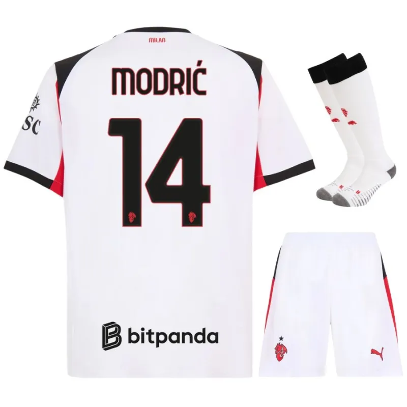 Set di maglia bambini in trasferta di MODRIC dell'AC Milan 2025/26 - Bianco