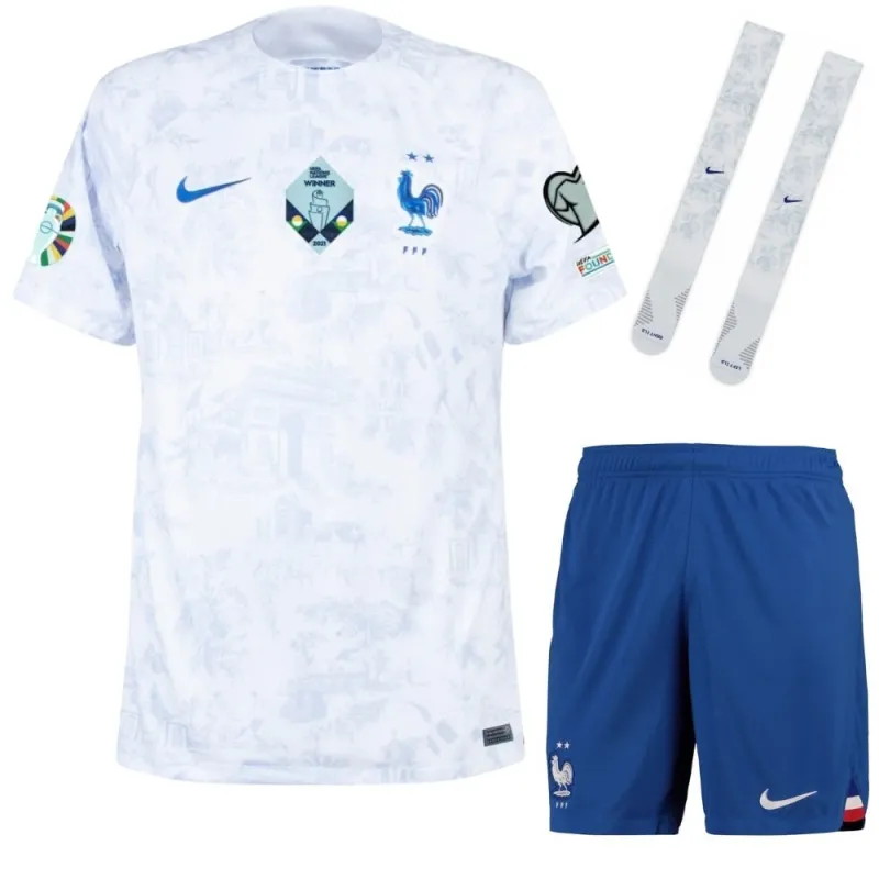 La camiseta del kit infantil de la selección nacional francesa para la Eurocopa 2024 en visita - Blanco