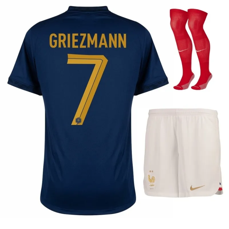 El conjunto de camisetas infantiles de la selección nacional francesa de Antoine Griezmann para la Copa del Mundo 2022 en local - Azul