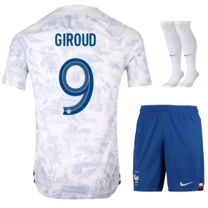 Le ensemble de maillot enfant d'extérieur de l'équipe nationale de France d'Olivier Giroud pour la Coupe du monde 2022 - Blanc