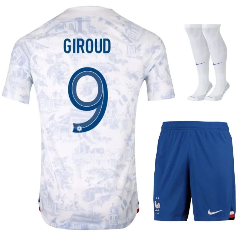 Il set di maglia infantile di trasferta della squadra nazionale francese di Olivier Giroud per la Coppa del mondo 2022 - Bianca