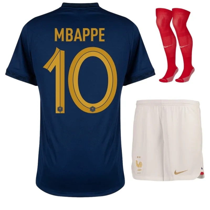 El conjunto de camiseta infantil de la selección nacional francesa de Kylian Mbappé para la Copa del Mundo 2022 en local - Azul