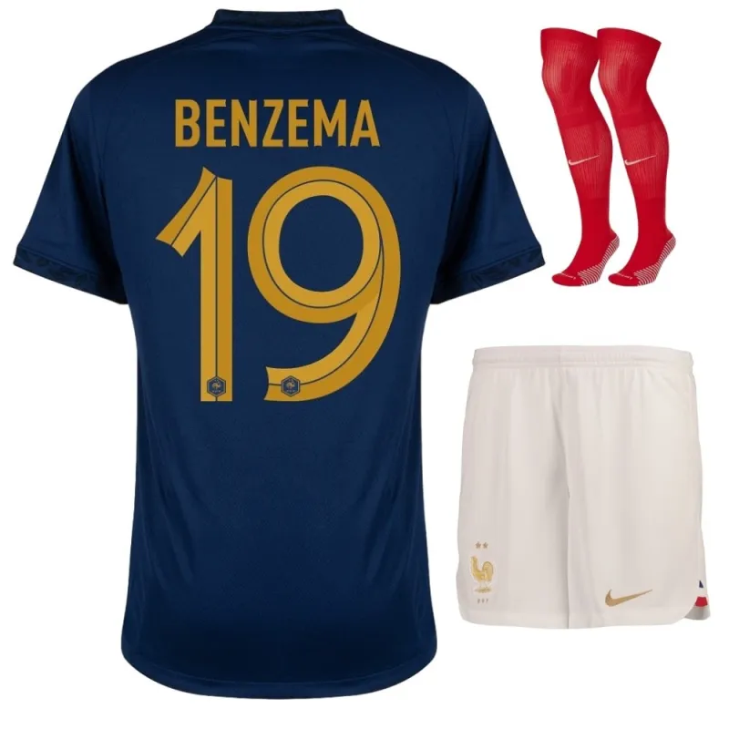 El conjunto de camiseta infantil de la selección nacional francesa de Karim Benzema para la Copa del Mundo 2022 en local - Azul