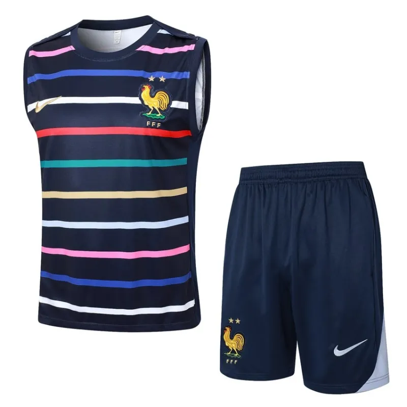 El chaleco y los pantalones cortos de la selección nacional francesa para la temporada 2024/25 - patrón azul.