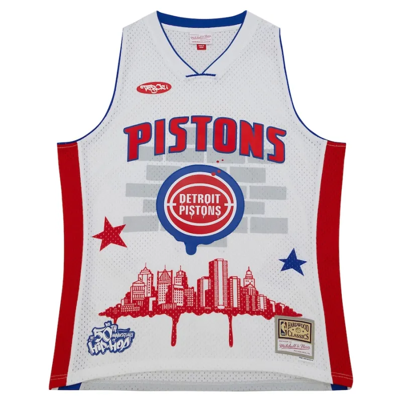 Detroit Pistons Camiseta de moda Hardwood Classics de Mitchell & Ness x Tats Cru - Blanco