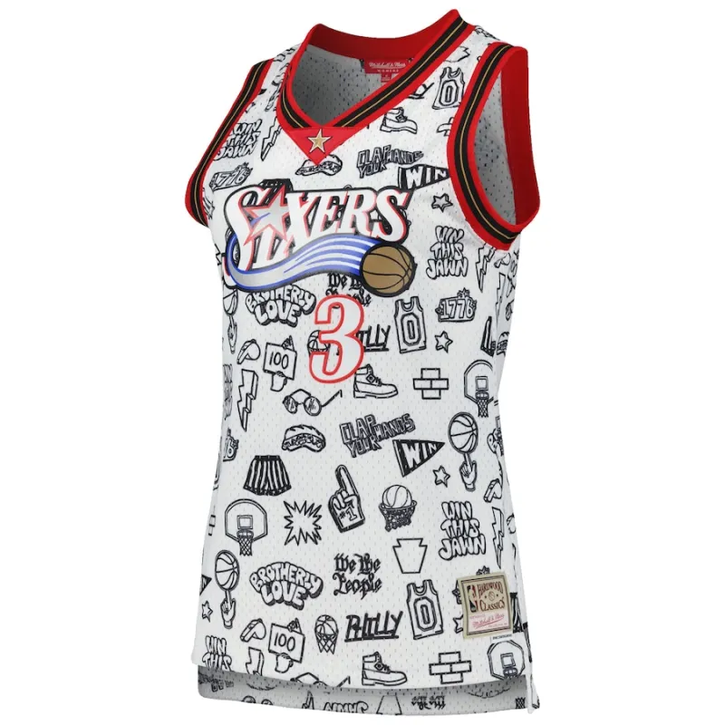Allen Iverson Philadelphia 76ers Mitchell & Ness Camiseta Swingman Doodle 2000 para Mujeres - Blanco