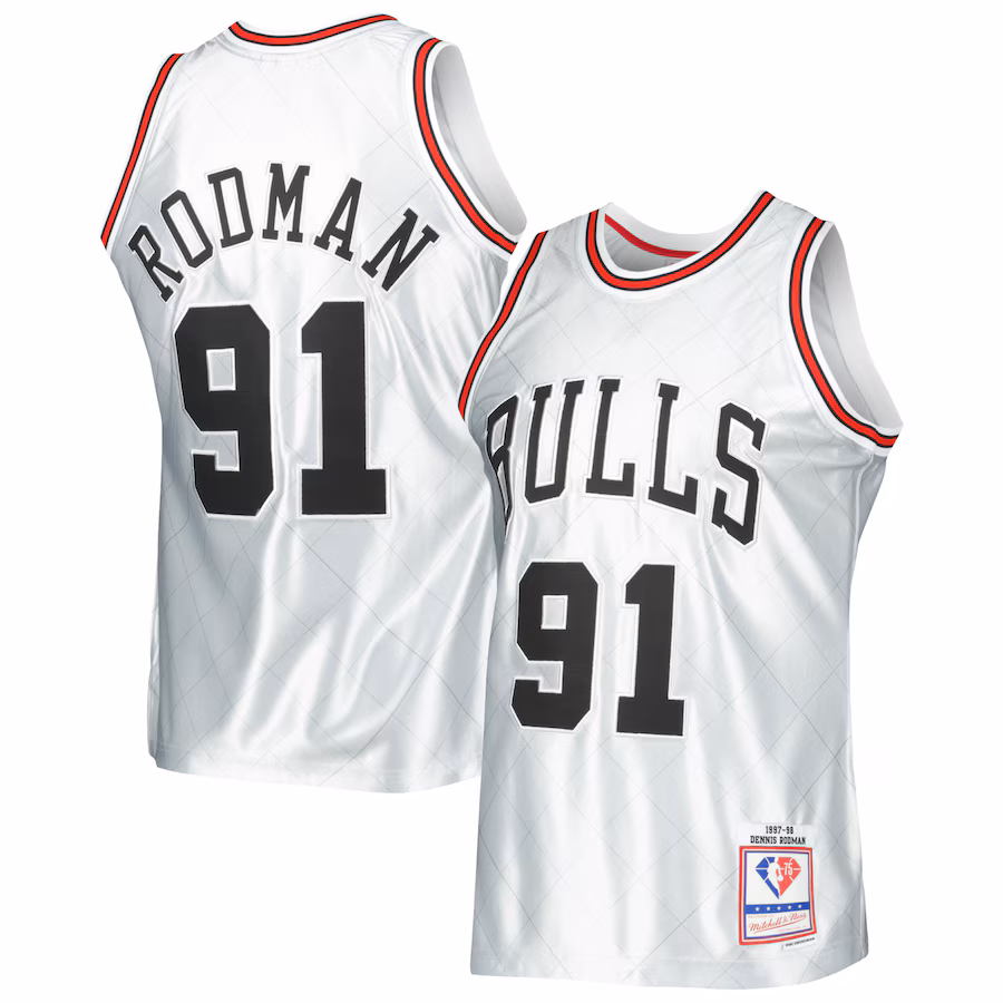 Camiseta Dennis Rodman Chicago Bulls Mitchell & Ness 1997/98 Classic 75º Aniversario Swingman - Platino