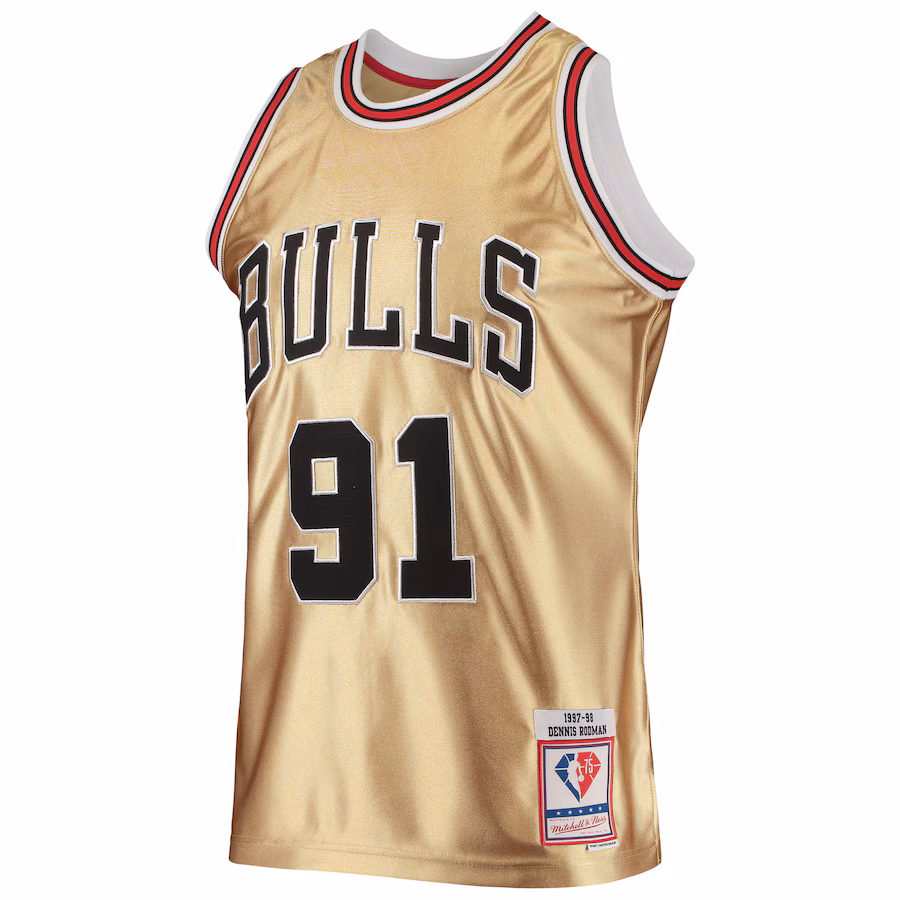 Dennis Rodman Camiseta Hardwood Clásica 1997/98 del aniversario del 75º aniversario de los Chicago Bulls Mitchell & Ness - Oro