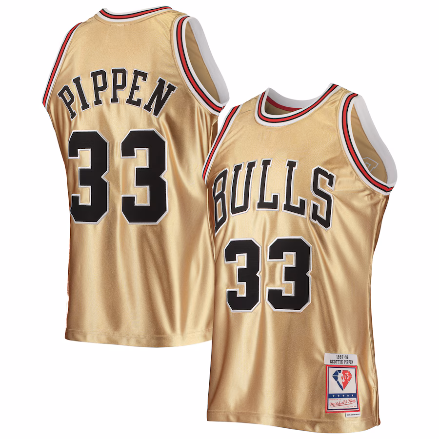 Scottie Pippen Camiseta Hardwood Clásica 1997/98 del 75º aniversario de los Chicago Bulls Mitchell & Ness - Oro