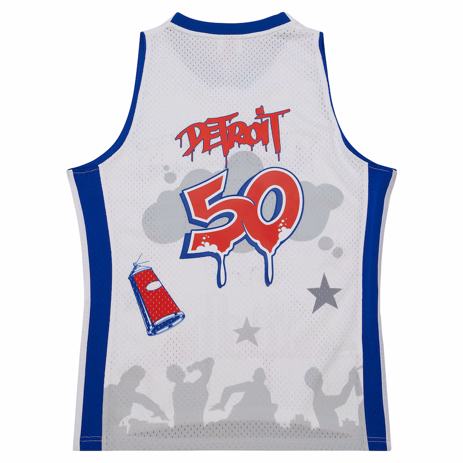 Detroit Pistons Camiseta de moda Hardwood Classics de Mitchell & Ness x Tats Cru - Blanco