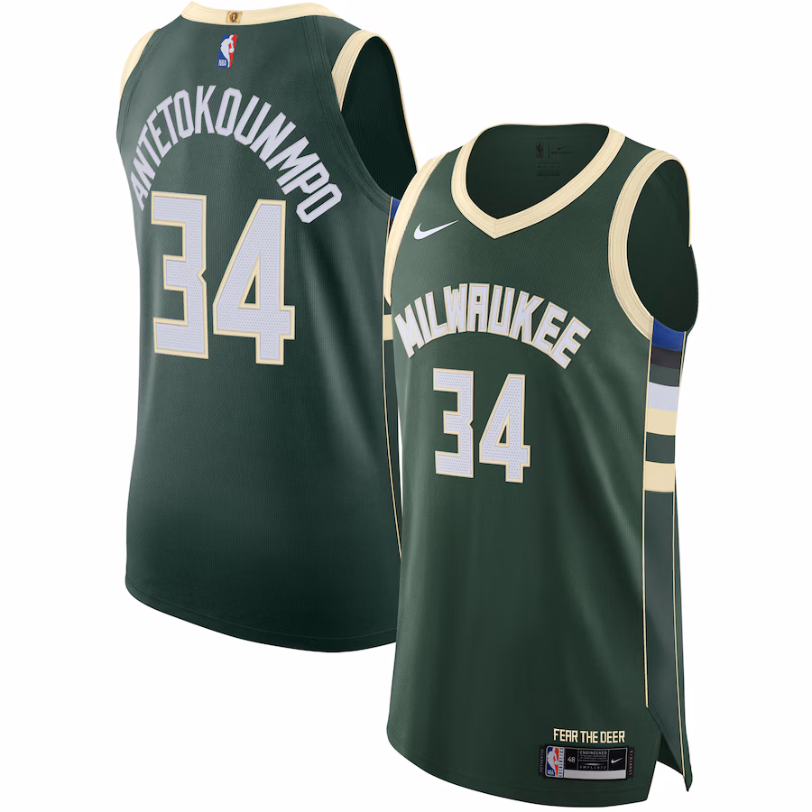 Giannis Antetokounmpo, Milwaukee Bucks Authentic Jersey - Icon Edition - Hunter Green