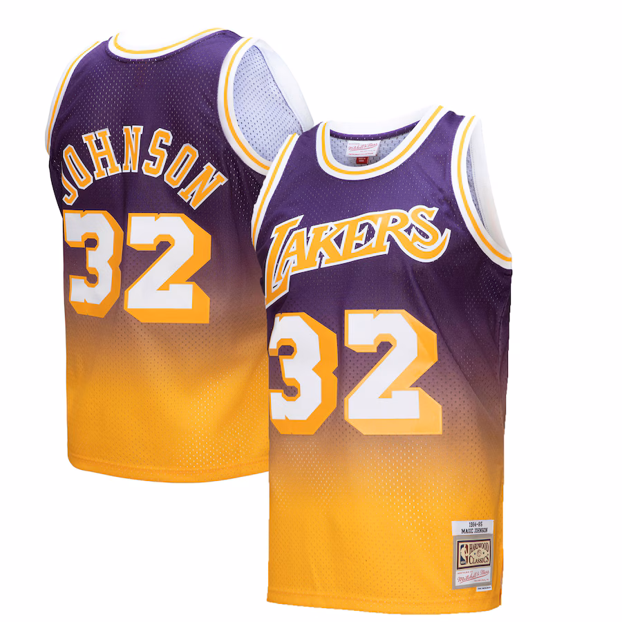 Magic Johnson, Los Angeles Lakers, Maillot de Fadeaway Classique 1984/85, Or/Violet