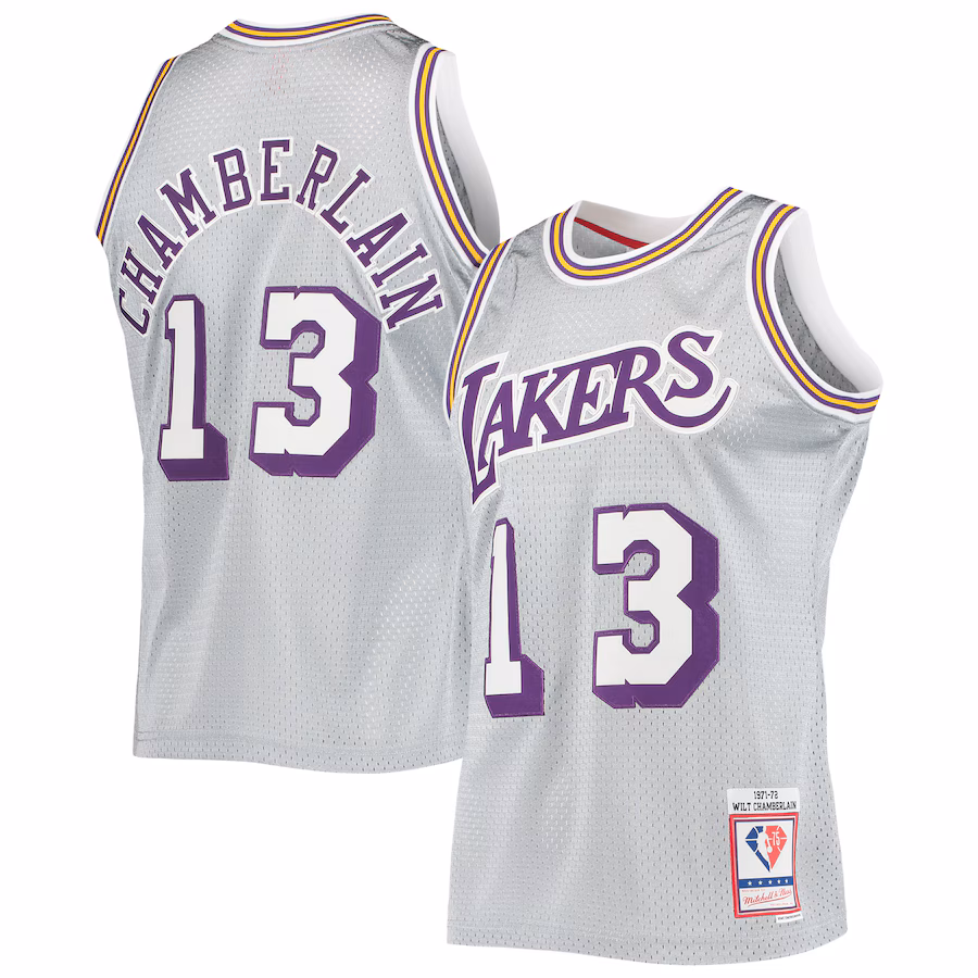 Wilt Chamberlain, Los Angeles Lakers, 75e Anniversaire 1971/72 Jersey Classique Vintage, Argent